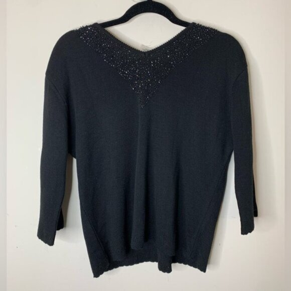 Vintage 90s Dolce Bella Wool Sequin Embroidery Sweater Black Scalloped Hem L - Picture 7 of 11